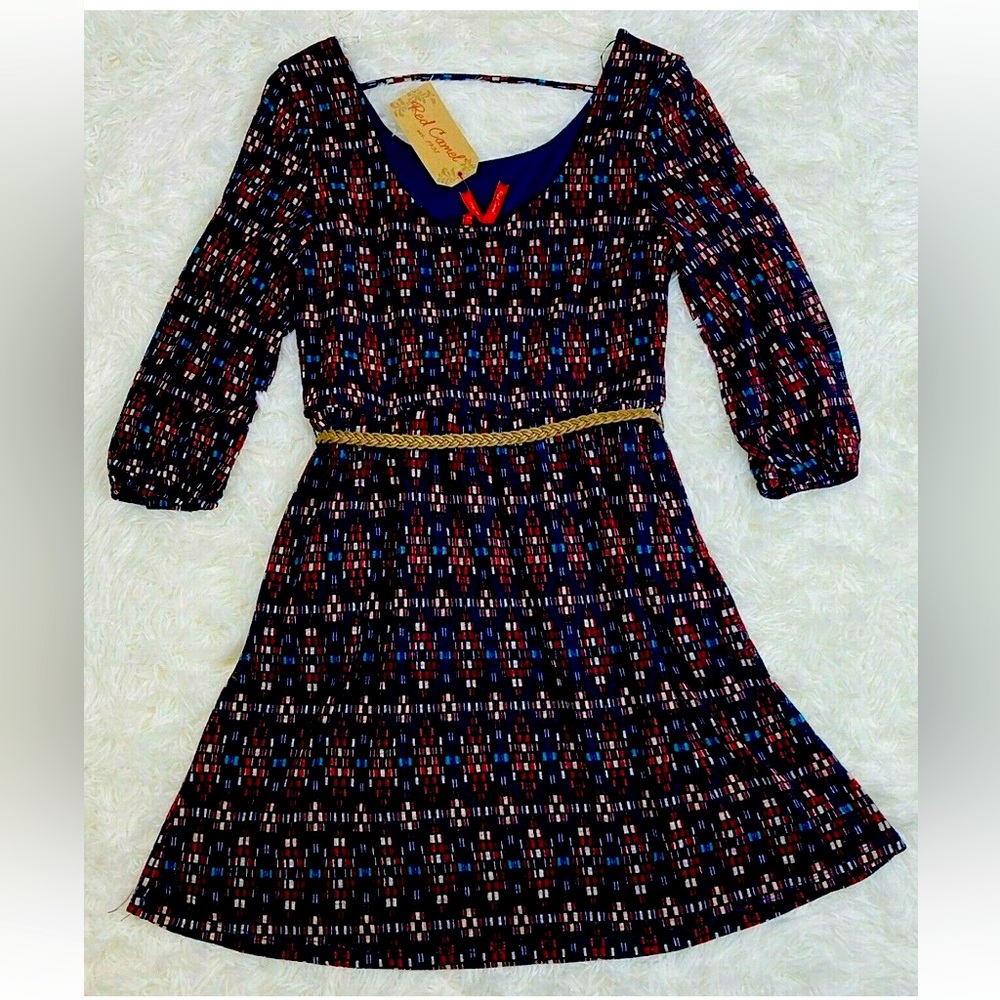 Red Camel NWT 3/4 Sleeve Belt Dress Side Pockets Lined Short Blue Red White Aqua